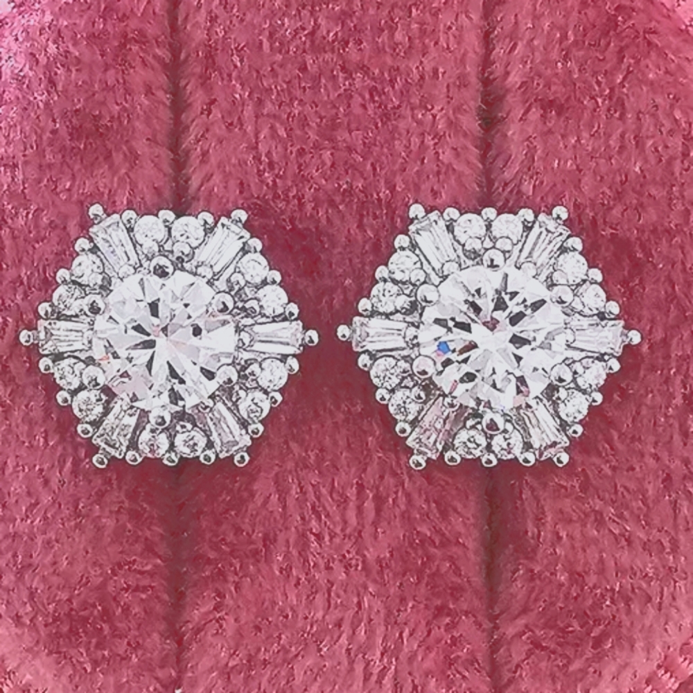 Simple Hexagon Silver White Zircon Stud Earrings